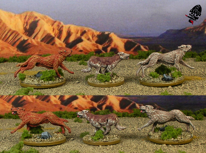 Ebob-sculpted hounds from Crusader Miniatures painted by Neldoreth - An Hour of Wolves & Shattered Shields