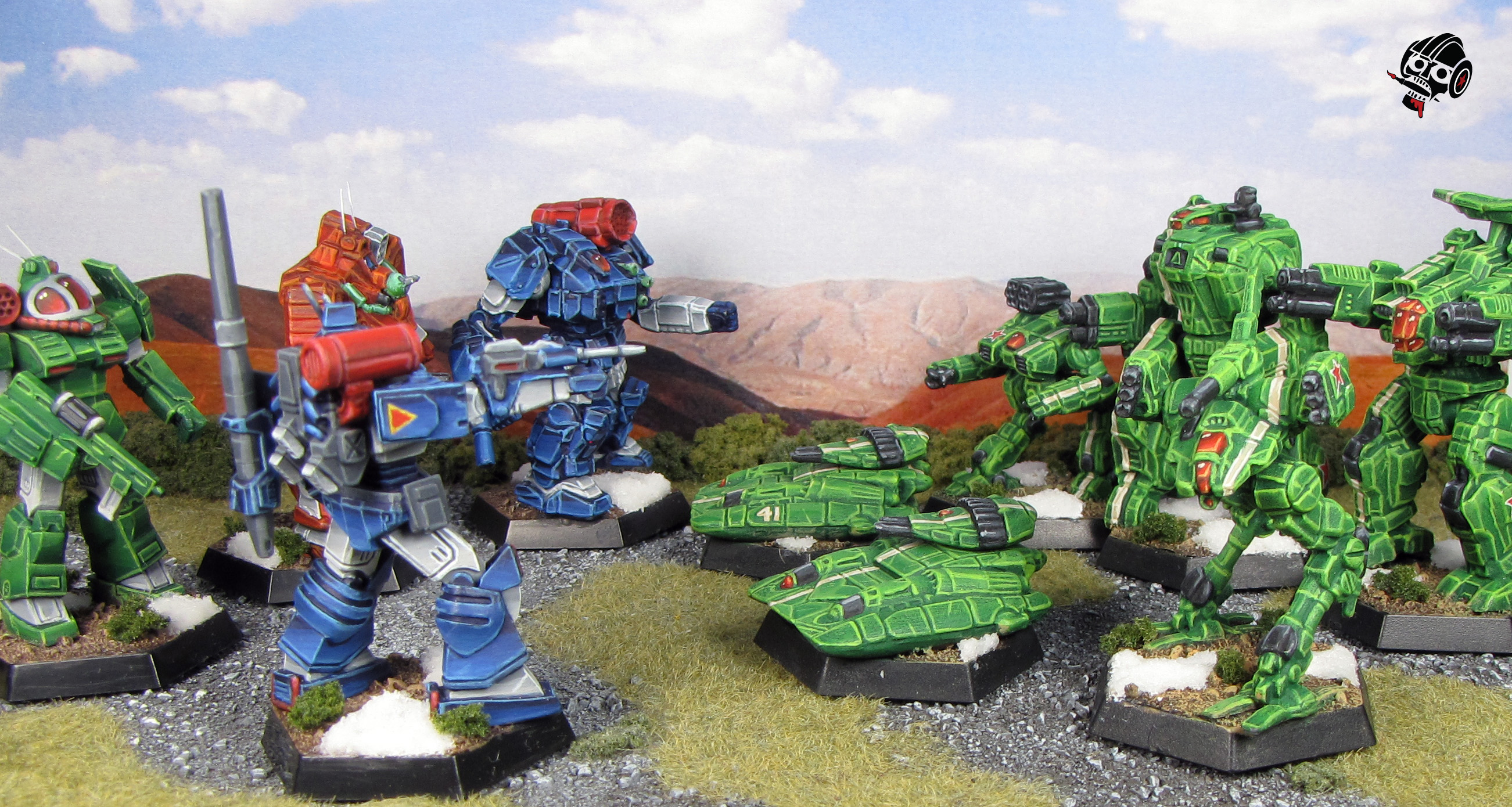 Dougram Battletech Lance vs. Aces Clan Jade Falcom from Catalyst Game Labs and 3D prints painted by Neldoreth - An Hour of Wolves & Shattered Shields